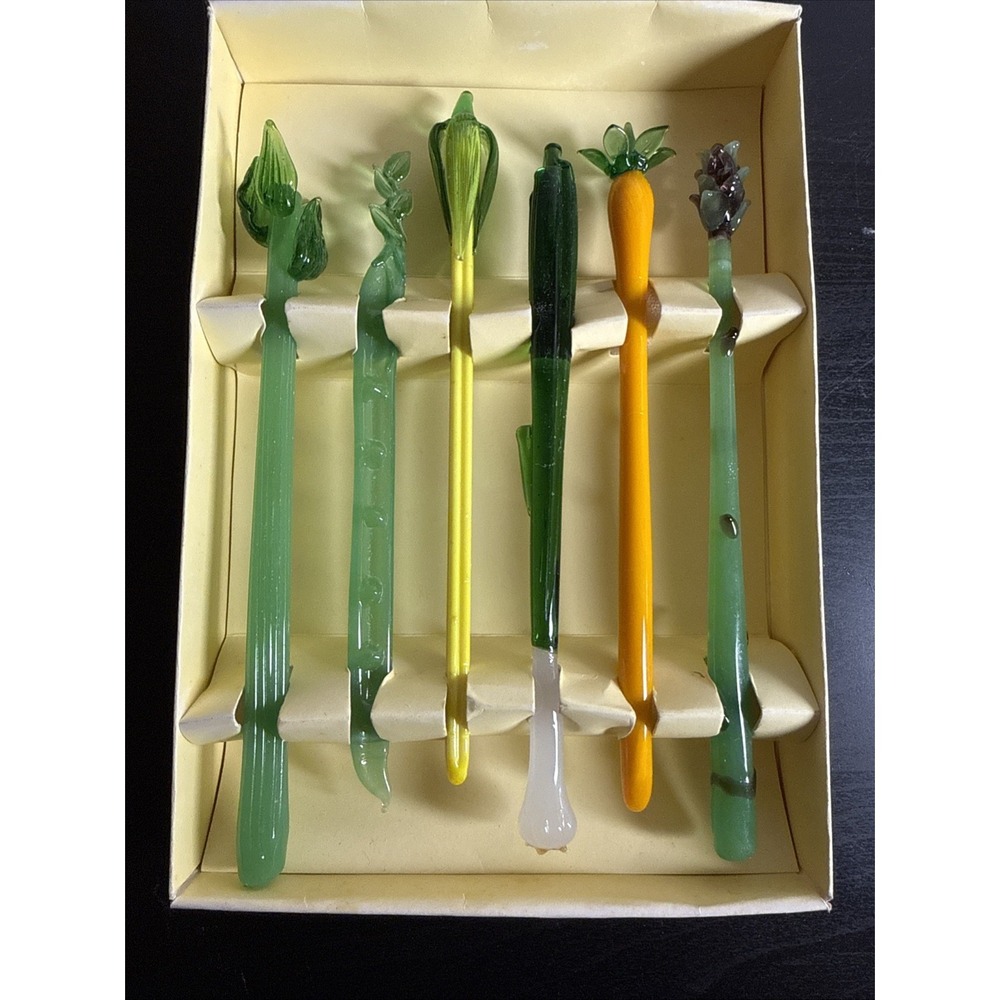 Boston Warehouse 2002 Retro Glass Swizzle Sticks Set Of 6 Vegetables - Picture 3 of 3